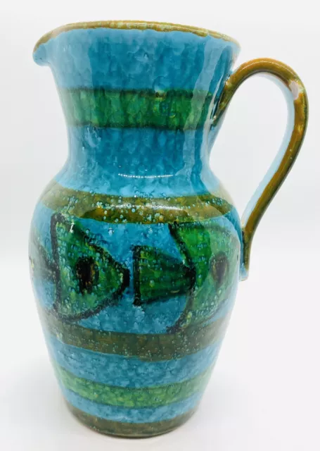 Vintage Mid Century Italian Ceramic Hand Painted Fish Pitcher Teal Blue Green