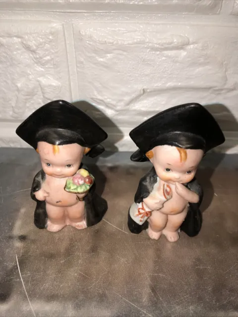 Lot Of 2 Vtg Lefton kewpie doll graduation Bisque Porcelain 3” Figures Taiwan