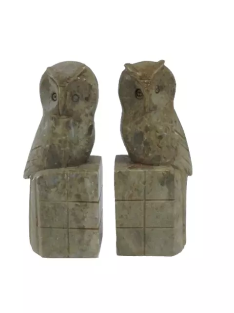 Pair Of Marble Owl Book Ends Made In India Free Standing Green Weighted