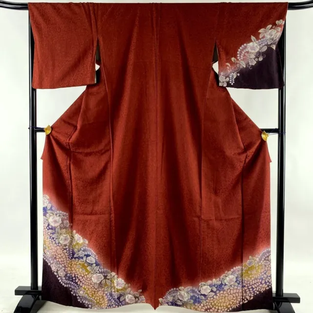 Japanese kimono  "TUKESAGE" Tujigahana pattern, Deep Red, Shading,L5' 5"..3349