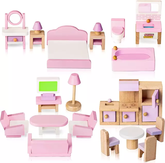 Wooden Dollhouse Furniture Set, 5 Room Kit 22 Piece Miniature Dollhouse Wood ...