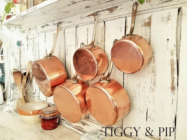 Five French Copper Pans with Brass Handles. Vintage Copper Pots. Copper Cookware