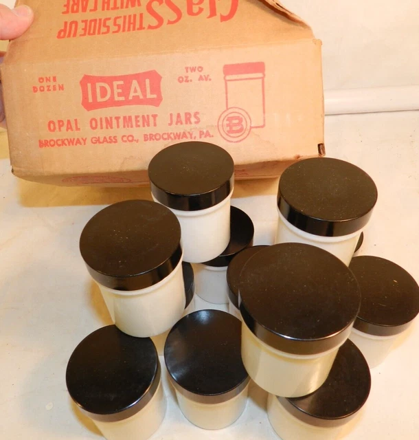 vtg 12 NOS OPAL OINTMENT JARS white milk glass black lids BROCKWAY IDEAL 2 oz