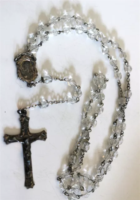 Vintage STERLING silver marked beautiful clear crystal Catholic rosary Lot#70