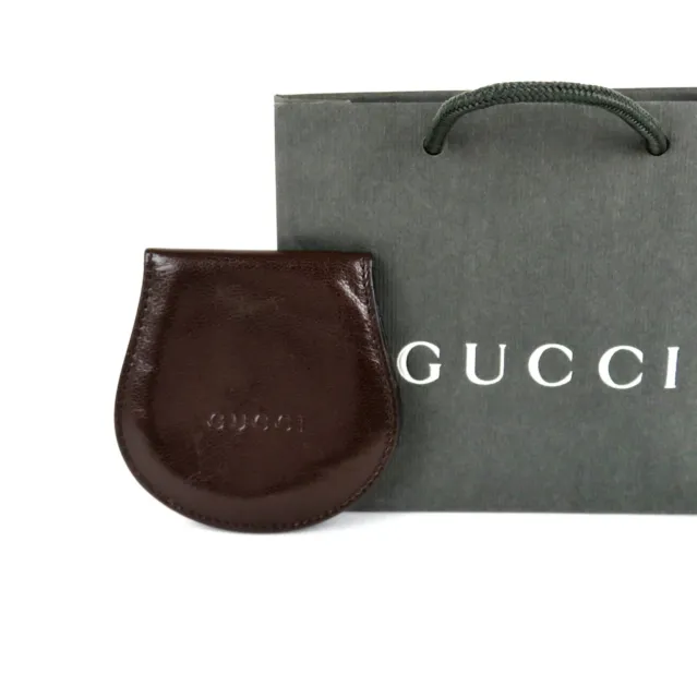 Auth GUCCI Made in Italy Brown Horseshoe Leather Coin Purse Coin Wallet + Bag