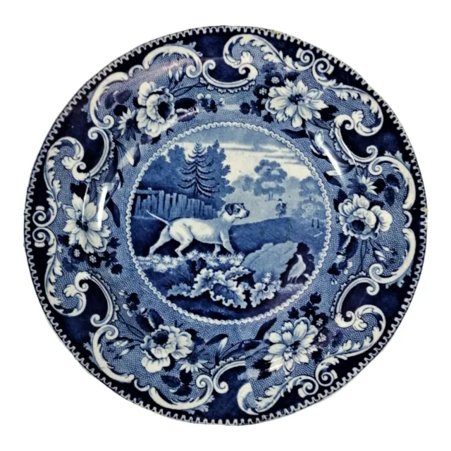 Antique 19th Century Enoch Wood Blue Transferware Plate, Pointer pattern