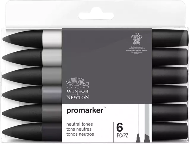 Winsor Newton Promarker Marker Pens Neutral Tones Set of 6 Art Twin Tip Colours