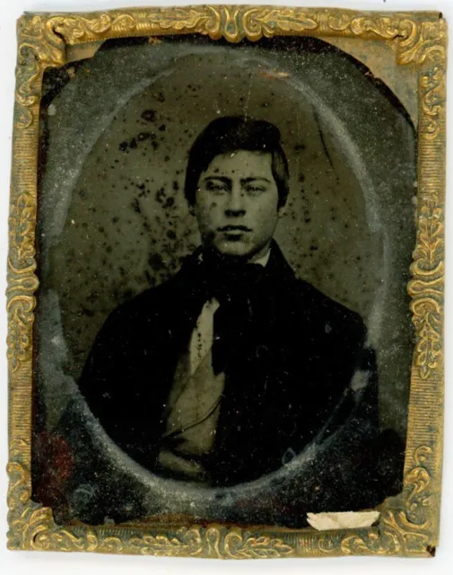 CIRCA 1800'S ANTIQUE 9th Plate TINTYPE Brass Glass Frame Handsome Young Man Suit