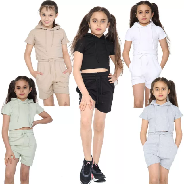 Girls Kids 2 Piece Hooded Crop Top Summer Shorts Casual Comfort Tracksuit Set