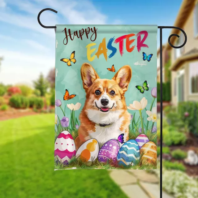 Bandera de doble cara Corgi dog feliz de Pascua, oreja de conejo perro bandera de Pascua