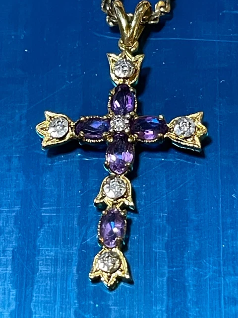 VINTAGE 24k GOLD CROSS WITH AMETHYST AND CLEAR STONES. 14k chain. Italian 7.5g