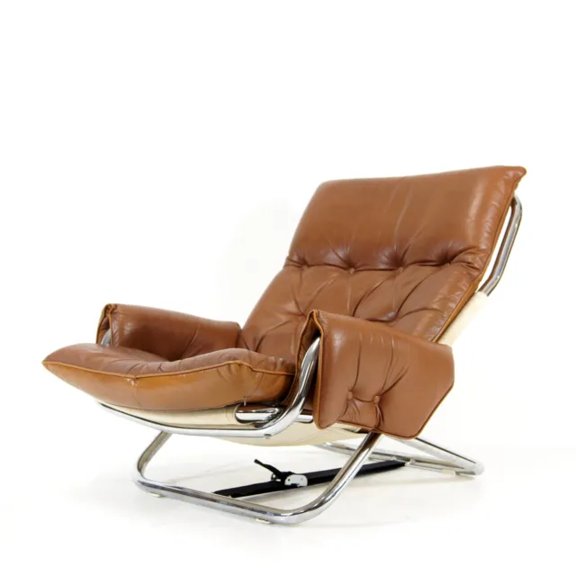Retro Vintage Danish Modern Chrome & Leather Lounge Easy Chair Armchair 70s 80s