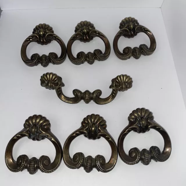 Brass Dresser Drawer Pulls Lot Of 7 Vintage Ornate Hardware