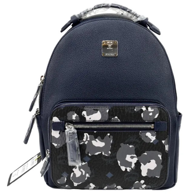 $1190 NEW MCM Navy Leather Small Backpack with Camo Print MMKCAVE07B1001 Blue