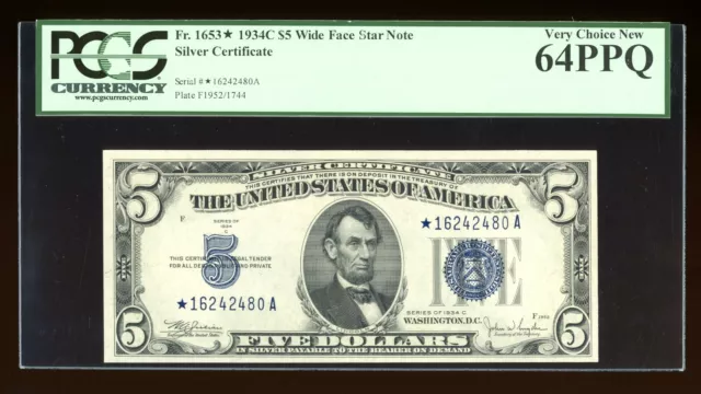 DBR 1934-C $5 Silver STAR Fr. 1653W* Wide Face PCGS 64 PPQ Serial *16242480A