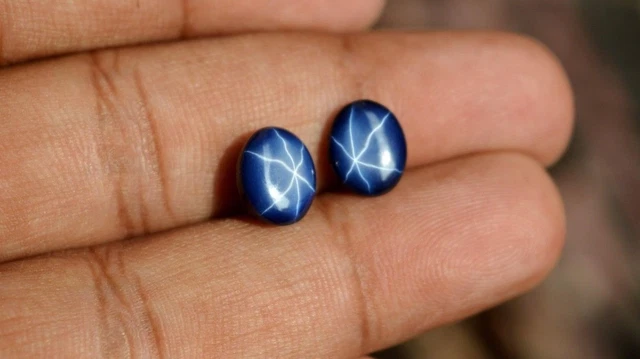 Natural Star Effect Blue Sapphire Oval Shape Gemstone Cabochon Pair 2 Stone 10ct