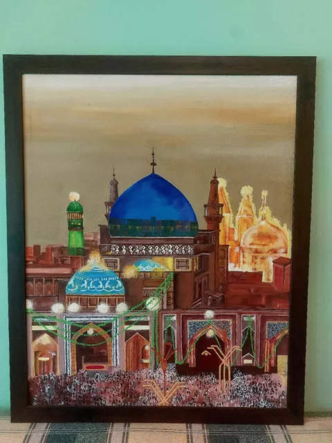 hand painted acrylic painting on canvas Islamic, Mosque, vibrant,  Shrine, Art