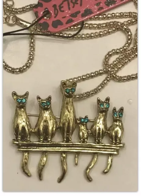 Betsey Johnson Gold Enamel Crystal Cats Pendant Necklace Brooch NWT