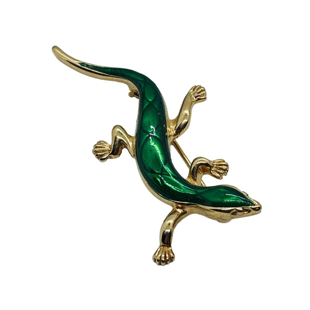 Salamander Lizard Brooch Pin Green Enamel Amphibian Red Rhinestone Eyes Vintage