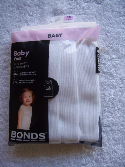 BNIP Baby's Bonds 3 Pack White Cotton Knit Singlets Size 0