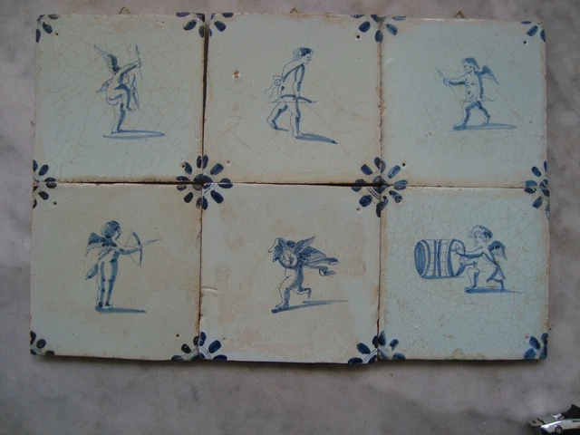 rare set 17th century delft handpainted dutch angel/putti/amor  tiles (6)