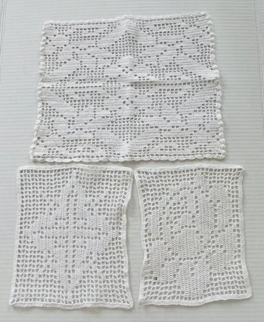 3 Hand Crochet Doilies White Flowers Geometric Rectangle