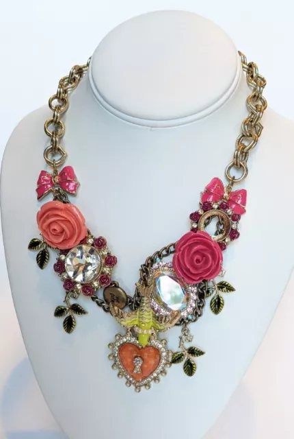 Betsey Johnson Rose Garden Roses Bird Bling Statement Necklace "As Is"