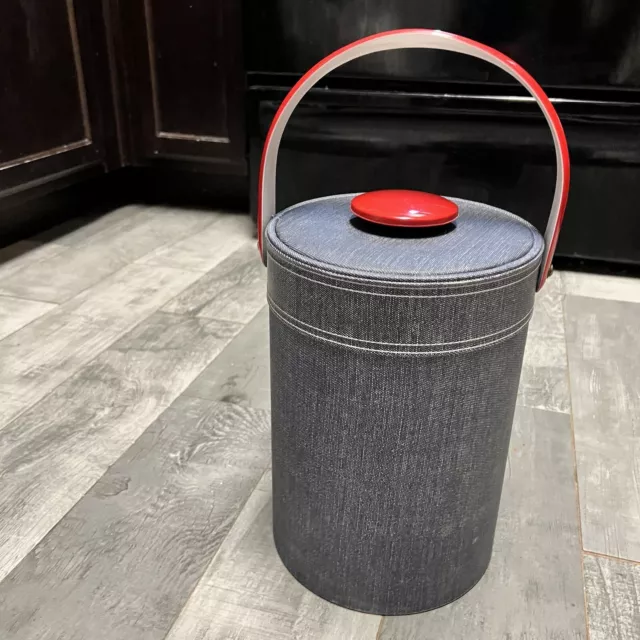 Vintage MCM GEORGES BRIARD Blue Denim Red Vinyl Ice Bucket USA Mod Prop Decor