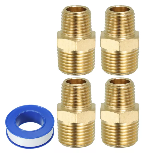 Brass Hex Nipple Pipe Fitting with Sealing Tape, 4 Pack 1/4" NPT x 3/8" NPT Male