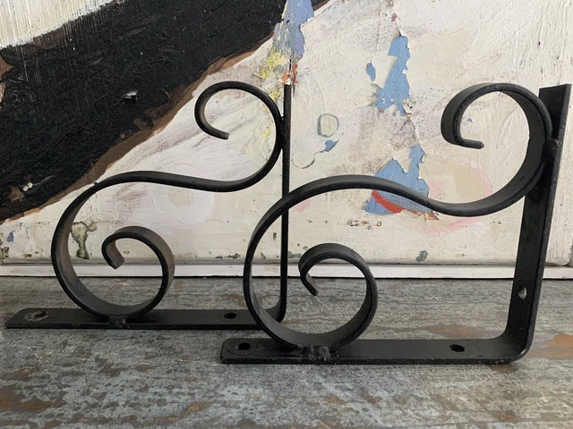 Vintage Scrolling Design Wrought Iron Heavy Duty Floating Shelf Brackets 8” X 7”