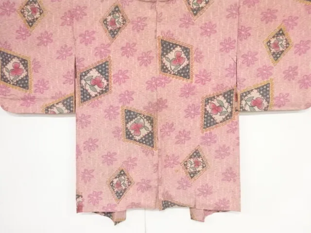 82966# Japanese Kimono / Antique Haori / Meisen / Woven Rhombus & Floral Pla