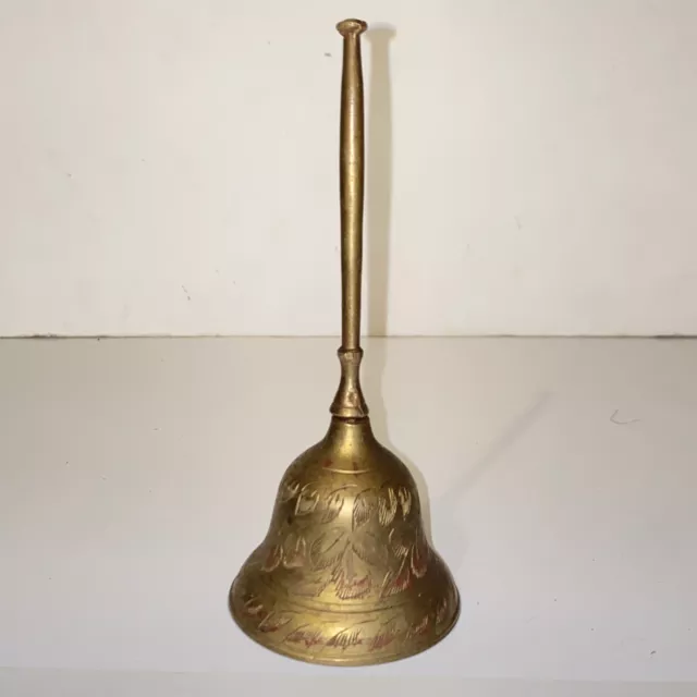 Vintage Solid Brass Bell Intricate Hand Etching Thin Long Handle Made in India