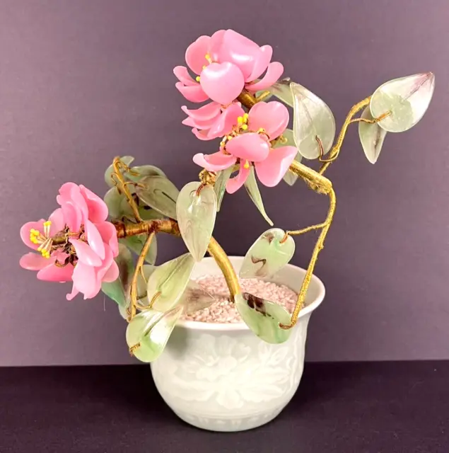 Vtg Chinese Glass Stone Jade 8" Bonsai Tree Pink Flower Blossom Celadon Pot, SEE