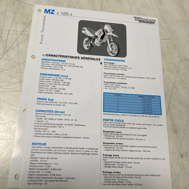 MZ 125 Sm SX 2001 Per 2004 125SX 125SM Scheda Tecnica Motocicletta Sospensione