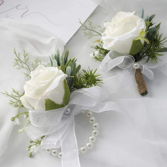 for Wedding Flower Rose Wrist Corsage Wristlet Band Bracelet Men Boutonniere Set