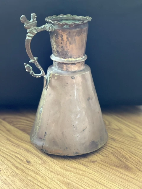 Antique Primitive Pitcher Water Jug Brass & Hammered Copper Bell-Shaped 16"x11"
