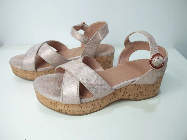 Girls Womens Next Uk 3 Eu 36 Pink Gold Shimmer Slingback Wedge Heel Sandal Shoes