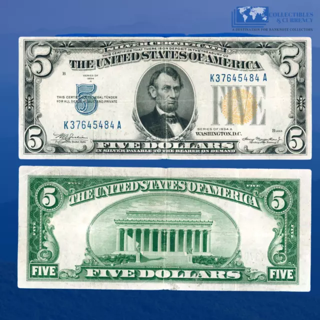 Fr.2307 1934A $5 Silver Certificate Yellow Seal "North Africa", VF #45484