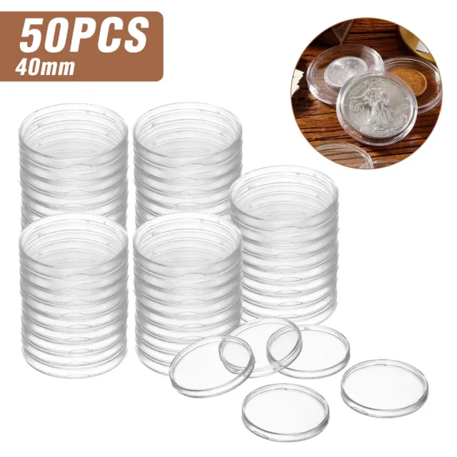 50Pcs 40mm Round Clear Coin Capsules Holder Container Case with Storage Box Set