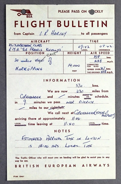 Bea British European Airways Airline Flight Bulletin Airspeed Ambassador Report