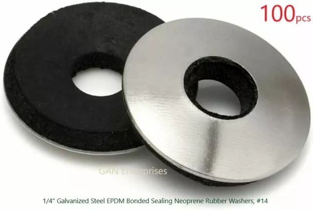 Washers, #14, 1/4" Galvanized Steel EPDM Bonded Sealing Neoprene Rubber 100pcs