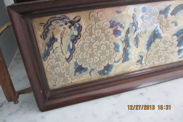 Antique Chinese Framed Silk Textile Panel Forbidden Stitch 27" X 5" Gorgeous