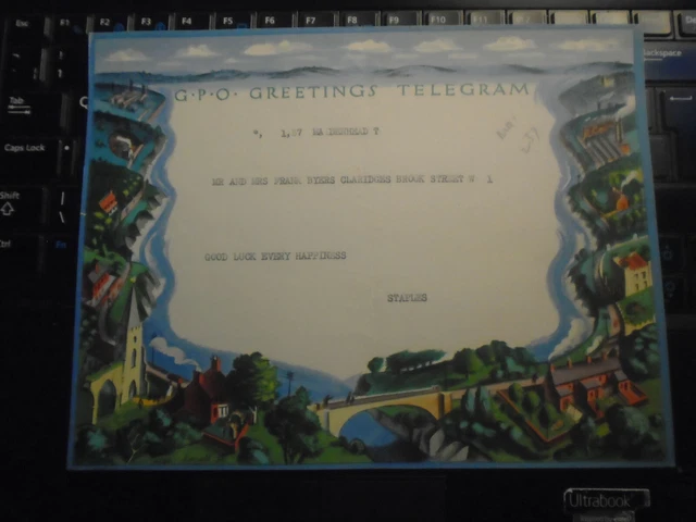 1939 Claridges Hotel, Mayfair, GPO Greetings Telegram, Colour