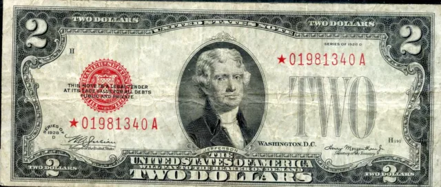 Rare Red Seal Mule 1928 D  Star Note Vf  $2.00 Two Dollar Bill  *01981340A-