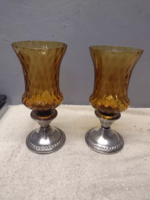 2-Vintage N.S CO Sterling Silver Candle Stick Holder Weighted Amber Glass