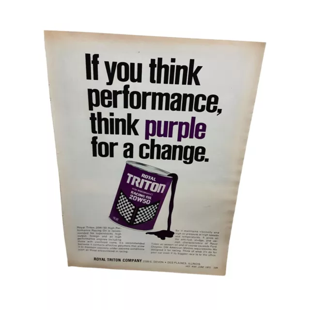 Vintage 1972 Royal Triton Racing Oil Purple Original Ad epherma