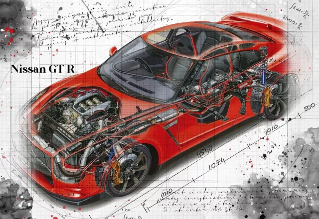 Line Tech Drawing   Nissan GT R    Auto Car Classic Cutaway Art Poster Print