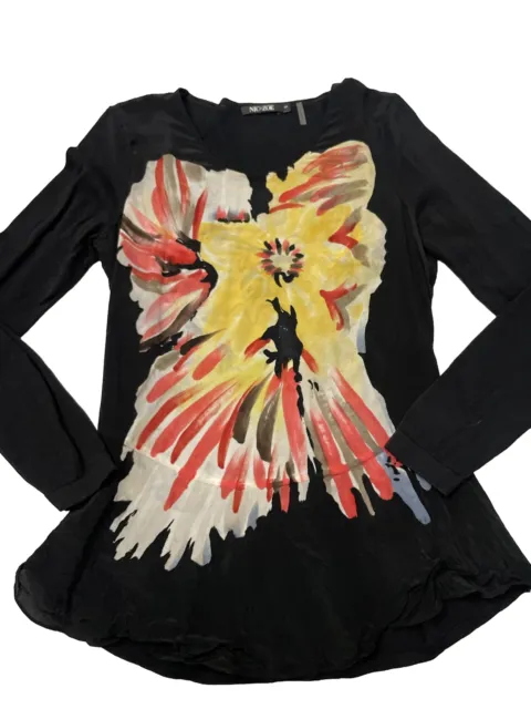 NIC + ZOE Black Silk Blend Abstract Floral Art Long Sleeve Pullover Sweater Sz S
