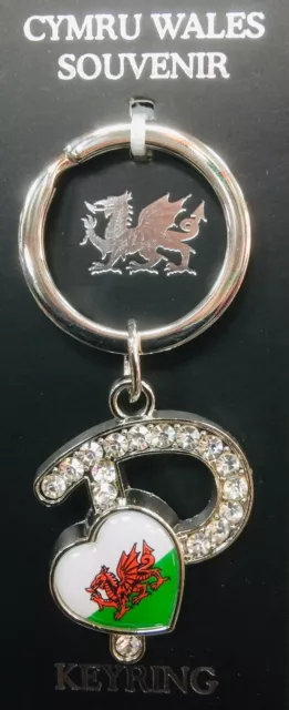 Welsh letter “P” Diamanté keyring Wales Dragon Flag First Last Name Initials.