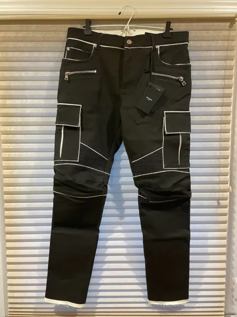 NWT $2095 Balmain Biker Cargo Denim Jean Black White Men's Size 32